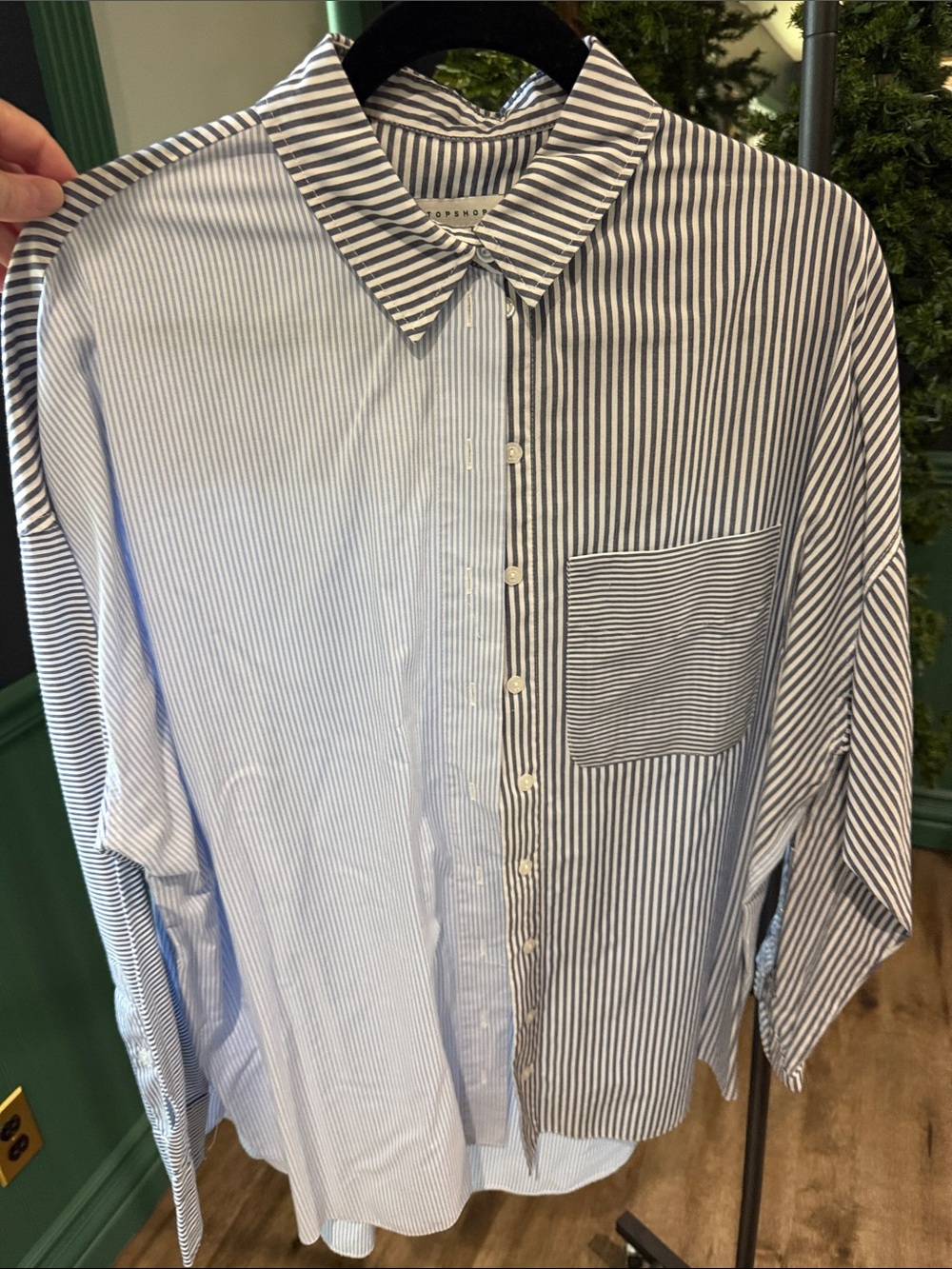 Topshop Navy and White Mixed-Stripe Button Down Shirt